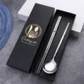 Stainless steel cutlery set with chopsticks and spoon in a luxurious black gift box packaging. - Natural Color Spoon & Chopsticks Set in Color Box