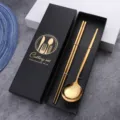 Gold stainless steel chopsticks and spoon set in gift box for luxury table dining - Titanium Gold Spoon and Chopsticks Set in Color Box