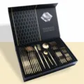 Luxury gold stainless steel cutlery set 24 pieces in black gift box kitchen tableware - 304-C038 Titanium Gold 24-Piece Gift Box Set (Round Handle)