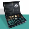 Stainless steel cutlery set 24 pieces gold and green flatware set in luxury gift box. - 304-C038 Green Gold 24-Piece Gift Box Set (Round Handle)