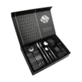 Luxury 24-piece stainless steel cutlery set, polished silverware gift box tableware. - 410-B05 Natural Color 24-Piece Gift Box Set (Flat Style)