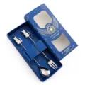 Roestvrijstalen katten lepel en vork cadeauset, schattig bestek voor koffie en dessert. - 304 Zittende kat lepel en vork blauwe doos - Zilver