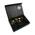 Luxury black and gold 24-piece stainless steel cutlery set in gift box packaging. - 410-B05 Black Gold 24-Piece Gift Box Set (Flat Style)