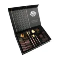 Stainless steel cutlery set 24 pieces rose gold gift box polished flatware kitchen utensils. - 410-B05 Pink Gold 24-Piece Gift Box Set (Flat Style)