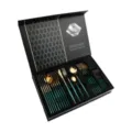 24-piece stainless steel cutlery set, luxury gold and green flatware set for kitchen dining. - 410-B05 Green & Gold 24-Piece Cutlery Set in Gift Box (Flat Handle)