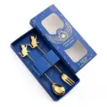 Schattige kat roestvrij staal lepel en vork cadeaupakket in blauwe doos voor koffie dessert. - 304 Zwaaiende kat lepel en vork blauwe doos - Goud