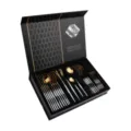 Luxury gold and white stainless steel cutlery set 24 pieces with elegant gift box packaging. - 410-B05 White & Gold 24-Piece Cutlery Set in Gift Box (Flat Handle)
