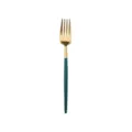 Fourchette de table style portugais en acier inoxydable avec tête dorée et manche vert foncé. - Fourchette à dessert vert paon et or