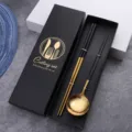 Stainless steel cutlery set with black and gold gift box, elegant tableware for home. - Black Gold Spoon and Chopsticks Set in Color Box