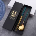 Premium stainless steel chopstick spoon gift set in black box, dark green gold cutlery. - Peacock Green Gold Spoon and Chopsticks Set in Color Box