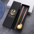 Stainless steel cutlery set pink gold chopsticks and spoon in gift box 18-10 premium tableware - Pink and Gold Spoon and Chopsticks Set in Color Box