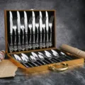 Stainless steel cutlery set vintage embossed knife fork spoon in luxury golden gift box - 201 Court 24-Piece Set in Wooden Box - Natural Color
