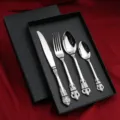 Stainless steel cutlery set vintage embossed knife fork spoon four piece tableware - 201 Court Style 4-Piece Cutlery Set in Craft Box - Natural