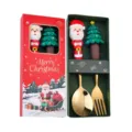 Set cucchiaio e forchetta di Natale in acciaio inossidabile con manici in silicone. - Scatola rossa natalizia (cucchiaio Babbo Natale e forchetta albero) - Oro
