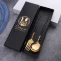 Luxury black and gold stainless steel cutlery set with elegant gift box packaging for dining. - Black Gold Spoon & Fork Color Boxed
