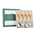 Set regalo di cucchiaio e forchetta in acciaio inossidabile con coniglio, posate da dessert. - Set da 4 cucchiai e forchette Coniglio carota in scatola verde - Naturale