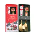 Set regalo cucchiaio e forchetta di Natale in acciaio inox con simpatici manici a forma di renna. - Scatola rossa natalizia (cucchiaio pupazzo di neve e forchetta alce) - Oro