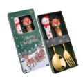 Set posate cucchiaio forchetta in acciaio inox scatola regalo Natale con manico in silicone. - Scatola verde di Natale [Cucchiaio pupazzo di neve / Forchetta alce] Oro