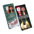Set regalo di Natale cucchiaio e forchetta in acciaio inox con simpatici personaggi natalizi. - Scatola verde di Natale [Cucchiaio Babbo Natale / Forchetta alce] Oro