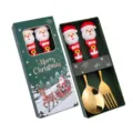 Set posate in acciaio inossidabile con scatola regalo di Natale e Babbo Natale carino. - Scatola verde di Natale [Cucchiaio e forchetta Babbo Natale] Oro