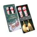 Set di cucchiaio e forchetta in acciaio inossidabile di Natale con manico a forma di pupazzo. - Scatola verde di Natale [Cucchiaio e forchetta pupazzo di neve] Oro