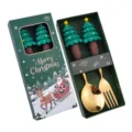 Elegante Set Regalo Cucchiaio e Forchetta in Acciaio Inossidabile Albero di Natale - Scatola verde di Natale - cucchiaio e forchetta a forma di albero (oro)