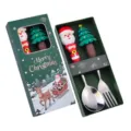 Set regalo di cucchiaio e forchetta di Natale in acciaio inossidabile con manici. - Scatola verde di Natale - cucchiaio Babbo Natale e forchetta albero (argento)