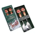 Set regalo cucchiaio e forchetta di natale in acciaio inox con graziosa impugnatura renna 3d. - Scatola verde di Natale (cucchiaio e forchetta alce) argento