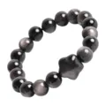Natural silver obsidian beaded bracelet with cute carved charm stone stretch jewelry gift - Star / 8mm
