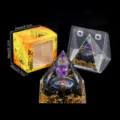 Naturkristall Kies Pyramide Ornament mit Amethystkugel, Harz Heimtextilien in Box Großhandel. - A2 Amethyst + Obsidian Splitter Stil / Einzelstück