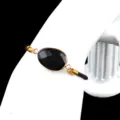 Black Faceted Stone Bracelet with Gold Bezel and Adjustable Brown Cord Variant Item - Obsidian