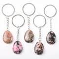 Natural stone teardrop keychain metal ring bag pendant charm cute accessory couple gift - Rhodochrosite