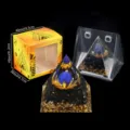 Kristall Pyramide Harz Ornament mit Goldfolie und blauer Stein Kugel Dekoration - C1 Lapis + Lotus + Obsidian Stil / Einzelstück