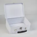 Weißer Metall-Lunchbox-Detailblick, tragbarer Blechbehälter mit sicherem Metallverschluss. - 205x150x75mm / Weiß