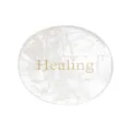 Natural clear crystal worry stone oval palm stone with gold healing engraved text display - White Crystal