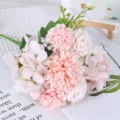 Kunstseide 5-Gabel Blumenstrauß, rosa Chrysantheme und Hortensie für Heimhochzeit Dekoration - Champagner