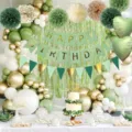 Birthday party decoration set with sage green balloons paper pom pom and party banner kit - Mirror Gold + Dark Green + Light Green