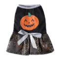 Dog Halloween dress black pumpkin print grey bow gold spiderweb skirt pet apparel costume - SDZ124 Pumpkin Spider Web Skirt - Black