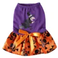 Halloween pet dog dress cute witch and skull printed puppy apparel with bow decoration - SDZ127 Wizard Skeleton Skirt - Purple