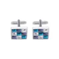Men's square cufflinks with blue crystal mosaic design and silver-tone shirt accessories. - Stepped Colorful Rhinestone Style (B1326)
