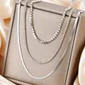 Elegant silver-tone triple layered fashion necklace set with snake and tennis chains - Three-layer Tennis Chain Set (N-40S) / Steel