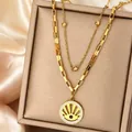 Elegant double-layer gold necklace with sunburst crystal pendant and dainty beaded chain. - Round Rhinestone Hollow Necklace (N-41) / Gold