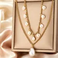 Elegant double layer gold chain necklace with round and pear shaped pearl charms - Large Pear Artificial Pearl Double Layer Necklace (N-42G) / Gold