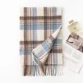 Classic British style cashmere plaid scarf in blue and brown colorway for autumn winter - FHY25-7123-1 Sky Blue and Yellow Plaid