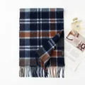 Classic British style blue and brown plaid cashmere scarf with soft fringe details - FHY25-7130-1 Orchid Coffee Plaid