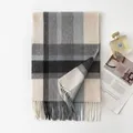 Elegant British style plaid cashmere scarf with soft fringe in gray and blue tones - FHY25-7138-1 Grey, White and Blue Plaid