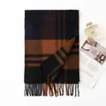 Luxurious British style brown and black plaid cashmere scarf with elegant fringe detail - FHY25-7133-1 Brown & Navy Blue Plaid