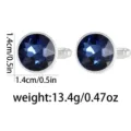 Blue crystal cufflinks for men women, round silver metal gemstone shirt cuff links accessory. - Dark Blue