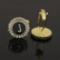 Gold tone rhinestone letter J cufflinks round black enamel dress shirt links for men - B1396-J Cufflinks