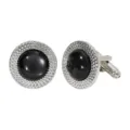 Boutons de manchette ronds classiques pour homme argentés avec pierre noire accessoire chic - Style Gemme Texturée Noire Ronde (B1403-BL)